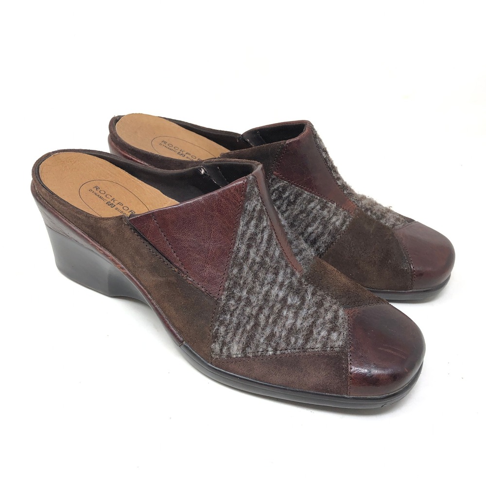Rockport Womens 10 Wedge Mules Brown Leather Suede Patchwork Heel Clog